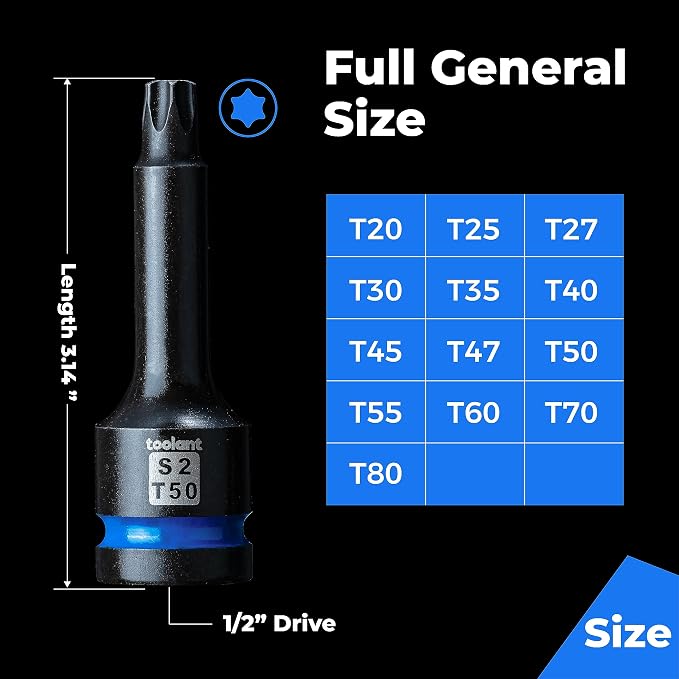 toolant Torx T47 Impact Bit Socket Set 2pcs,1/2" S2 Steel Air Drive Star Sockets, Long High Impact Bits,Professional Mechanic & Automotive Repair Socket Set