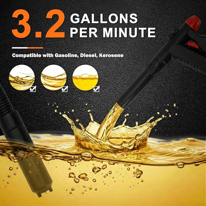 Gas Can Fuel Pump Portable - Gifts for Men, Fast 3.2 GPM Flow Rate, 51” Long Vinyl Hose, 4 Tank Adapter, for Gasoline, Kerosene, Diesel, Non-Potables black