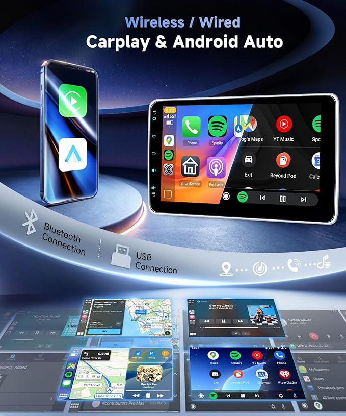 Single Din Car Stereo with Wireless A-pple Carplay Android Auto You-Tube, 10" IPS Touch Screen Car Radio 1 Din with Backup Camera Car Audio Receiver Support Mirror Link BT FM USB EQ SWC