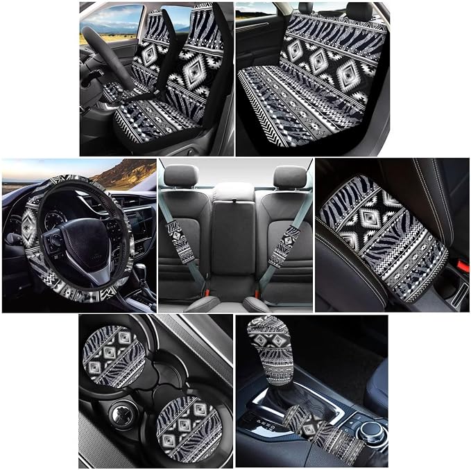 Wanyint Car Seat Cover Full Set 12 PCS, with Steering Wheel Seat Belt Strap Armrest Pad Handbrake Cover Gear Shift Cover Coasters Universal Fit for Truck Vans Sedans, Aztec Navajo Zebra Print