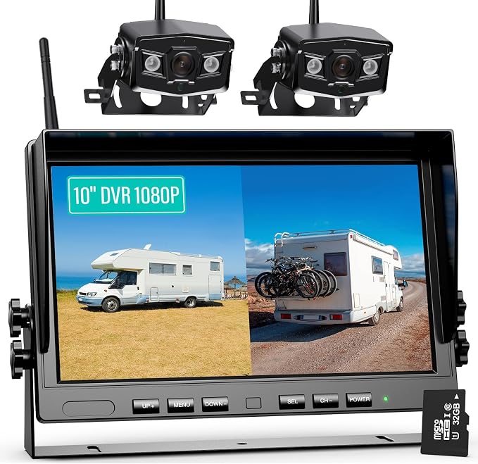 Nuoenx 10" Wireless Backup Camera System, HD 1080P Digital Back Up Camera Systems with 10 Inch Quad Split DVR Monitor for Truck, RV, Trailer, W102