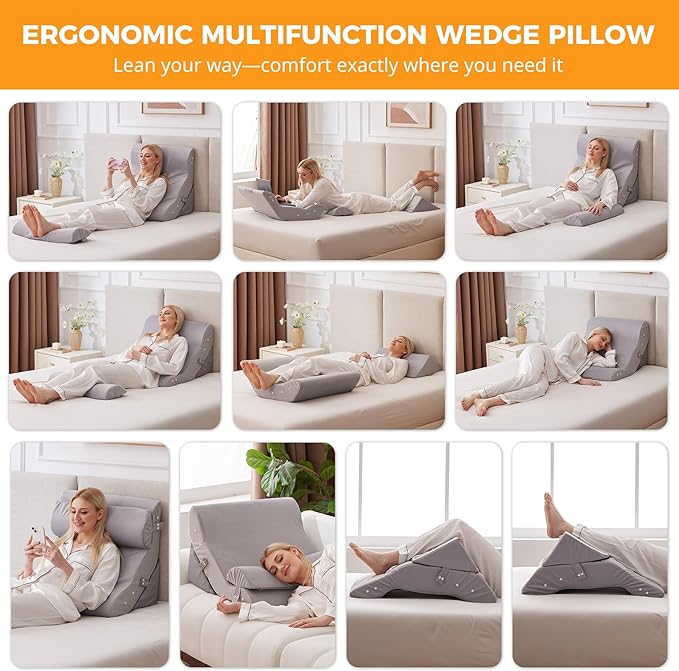 Ruqmuis 3PCS Wedge Pillow Set for After Surgery, Adjustable Back Pillow for Bed Sitting up, Acid Reflux, Bed Wedge Pillow Headboard for Sleeping&Snoring, Orthopedic Pillow for Post Surgery, Plush Grey