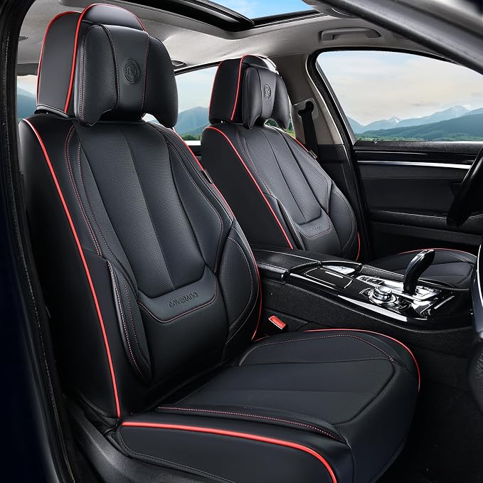 Coverado Universal Seat Covers Full Set, Universal Seat Covers for Cars, Waterproof Nappa Leather Car Seat Covers with Head Pillow, 5 Seats Auto Protectors Fit for Most Pick-up Truck, Black&Redline