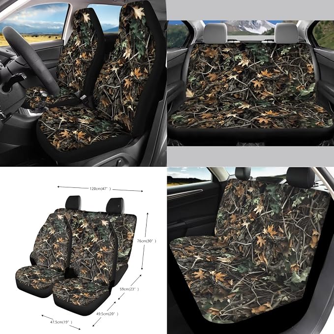 Hunting Camo Print Full Set Car Seat Cover, Steering Wheel Cover, Mirror Cover, Seat Belt Cover, Trash Can, Keychain, Coasters, 15pcs Car Interior Decoration