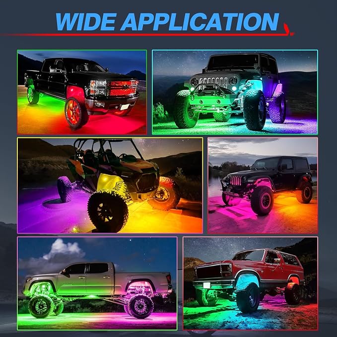 MICTUNING Y1 RGB+IC Dream Chasing Color Ultra-Bright 12 Pods LED Rock Light | Wiring Switch Kit, Extra Extension, Bluetooth APP Control, Extensible to 24 Pods, IP68 Waterproof, Series & Parallel Wiring