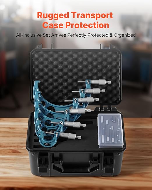 VEVOR 6 PCS Micrometer Set, 0-1"/1-2"/2-3"/3-4"/4-5"/5-6" Machinist Outside Micrometer, Precision 0.0001 Accuracy, Professional Machinist Tools with Protective Case, for Metalworking & Engineering