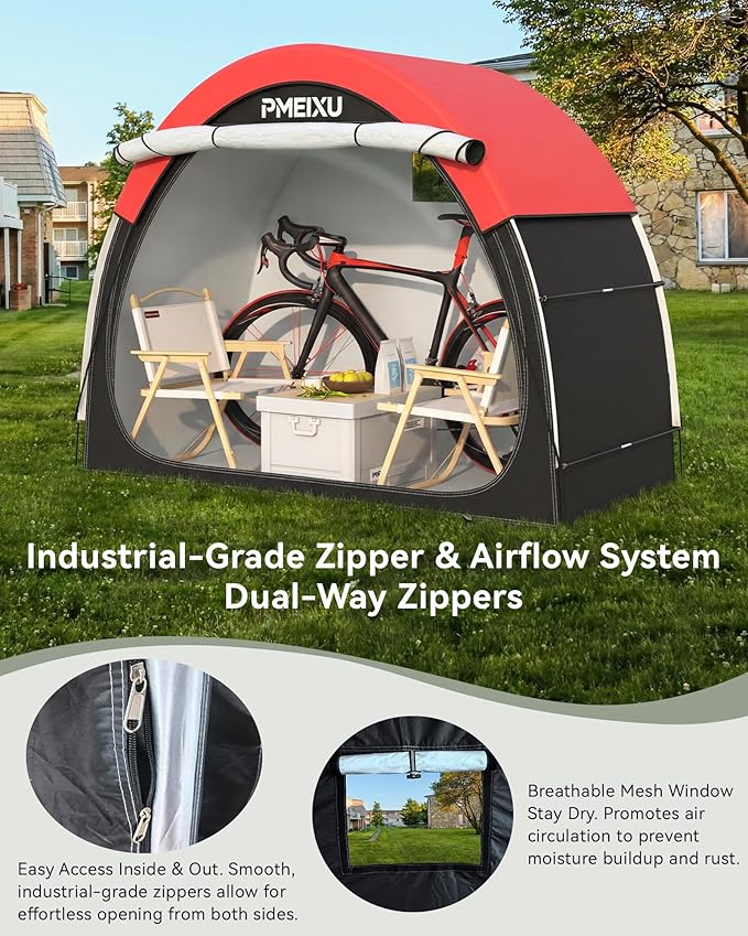 Upgraded Bike Storage Shed Tent, 210D Oxford Fabric PU4000 Waterproof Bicycle Shed, 53" High-Clearance Outdoor Shelter for 2-3 Bikes, Portable Storage for Motorcycles Garden Tools & Lawn Mowers