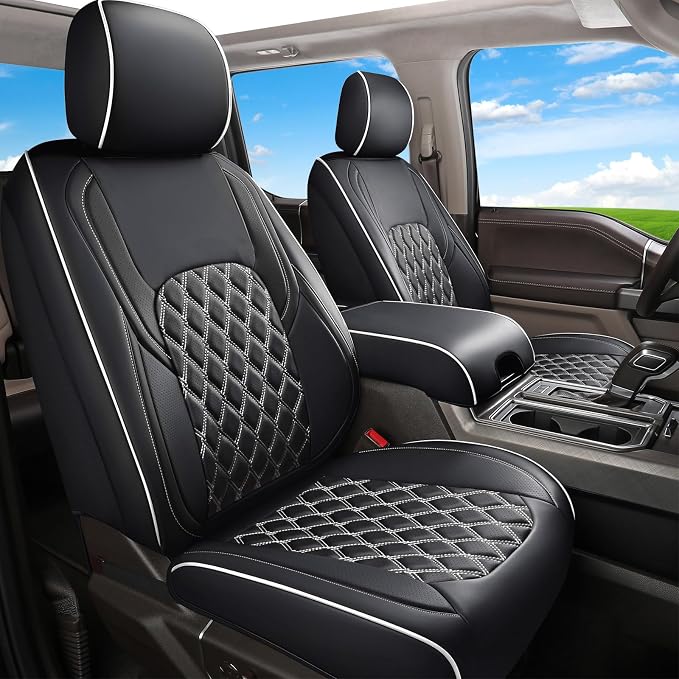 Huidasource F150 Leather Seat Covers Custom Fit for 2015-2026 F150 SuperCrew & 2017-2026 F250 F350 F450 Super Duty Crew Cab XL XLT Lariat King Ranch Platinum(Front Pair/Black&White)