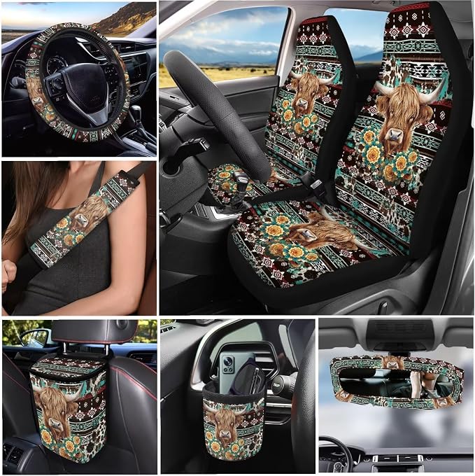 Dreaweet Aztec Highland Cow Car Accessories 15 Pcs Car Seat Covers Full Set with Steering Wheel Cover Seat Belt Pads Trash Can Rear View Mirror Cover Coasters Keychain Air Vent Storage Bag