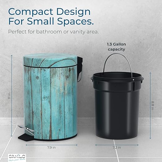 Sanilo Small Bathroom Trash Can with Lid [1.3 Gallon] - Lidded Tiny Trashcan for Garbage - Mini Metal Bin with Soft Closing Mechanism - Bath Room Accessoire Wastebin with Inner Bucket (Lumber)