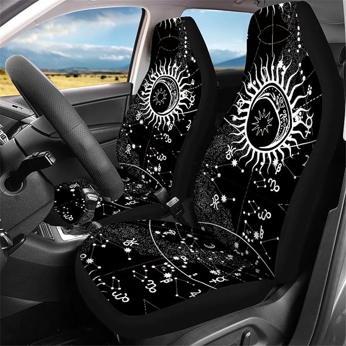 Xoenoiee 11 Pcs Car Accessories with Front & Rear Auto Seats Covers, Steering Wheel Cover, Seat Belt Pads, Cup Coaster, 2 Pcs Key Chain - Universal Fit - Celestial Sun Moon Stars
