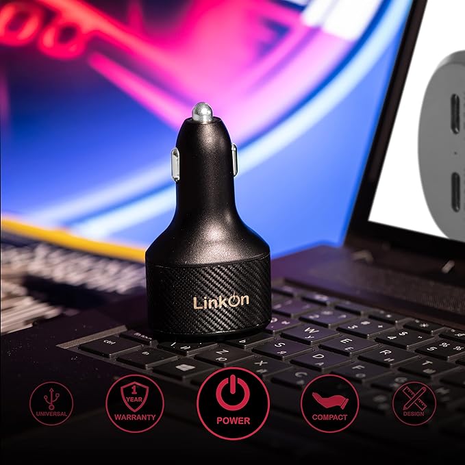 LinkOn 130W USB C Car Charger PD3.0 (100W) PPS + 30W PD – Dual USB-C Port Fast Charger for Laptop, Phone, or Tablet Compatible with MacBook, Dell XPS, HP, iPhone 15/16, Galaxy S23/S24, Pixel, and more