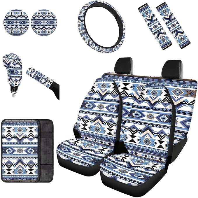 Dreaweet Southwestern Car Seat Covers Full Set Blue Ethnic Aztec Geometric Tribal Native Car Steering Wheel Cover/Center Console Cover/Seatbelt Covers/Cup Coasters/Gear Shift Cover and Handbrake Cover