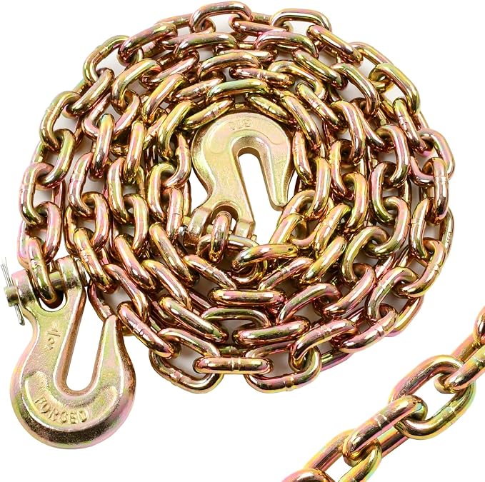 Heavy Duty G80 Transport Binder Chain 1/2'' Inch x 10 Feet,Tow Chain with G70 Clevis Grab Hooks,12000 lbs Safe Working Load Logging for Transporting, Towing(1/2'' x 10FT Yellow).
