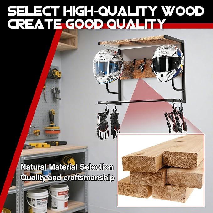 AstraLoom Heavy-Duty Motorcycle Helmet Wall Mount with 4 Glove Clips & 4 Utility Hooks - Universal Storage Rack for Helmets, Jackets & Riding Gear(Rustic Style)