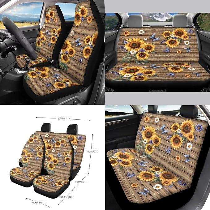 Wood Sunflower Daisy Butterfly Print Full Set Seat Covers, Auto Streering Wheel Cover, Trash Bin, Seat Belt Cover, Keychain, Air Vent Bag, Coasters, Set of 15