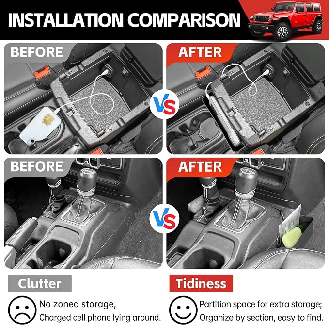 Center Console Gear Shift Organizer Fit for 2018-2025 Jeep Wrangler JL JLU 4XE/Gladiator JT Center Console Hanging Storage Tray for Wrangler&Gladiator Accessories(Hanging+Shifter Organizer)