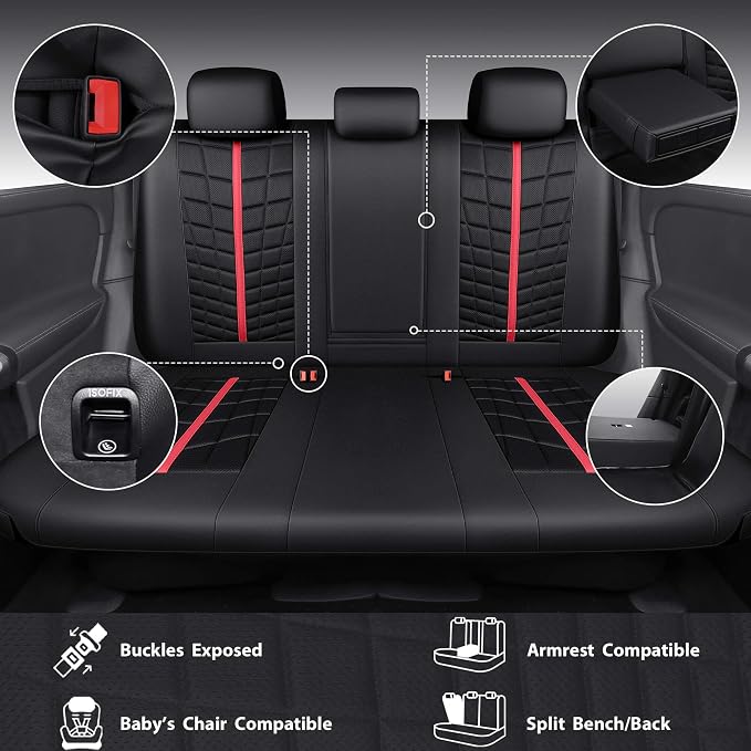 CAR PASS Leather Mesh Car Seat Covers Full Set, 3D Foam Breathable Luxury Mesh Leather Seat Covers Full Set, Universal Fit for Cars Trucks SUV, Airbag Compatible, Anti Slip Seats 5 Black Red
