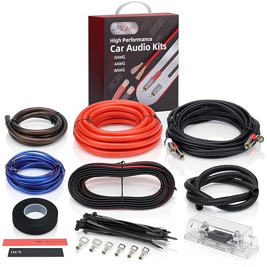 4 Gauge Complete Car Amplifier Installation Wiring Kit, Premium CCA Automotive Audio Systems Cable with OFC 2-Channel RCA Cable & Full Accessories, Brings Power to Radio, Subwoofer and Speaker, DIY