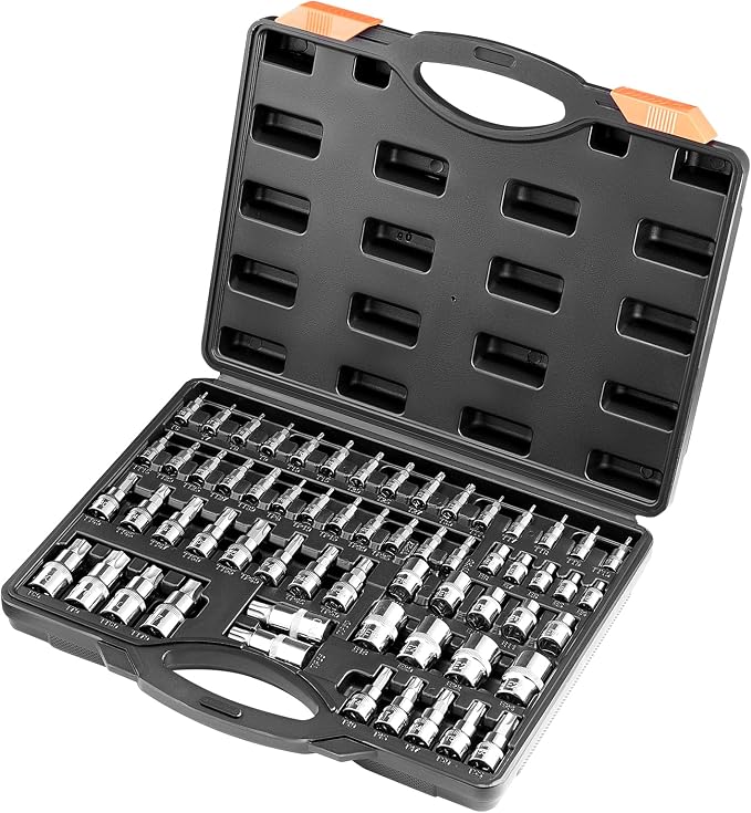 VEVOR Torx Bit Socket and External Torx Socket Set, 60-Piece T6-T70, TT6-TT70, TP8-TP60, E4-E24, S2 Alloy Steel and Cr-V Steel, 1/4 in, 3/8 in, and 1/2 in Drives, with Enhanced Storage Case, Hand Use