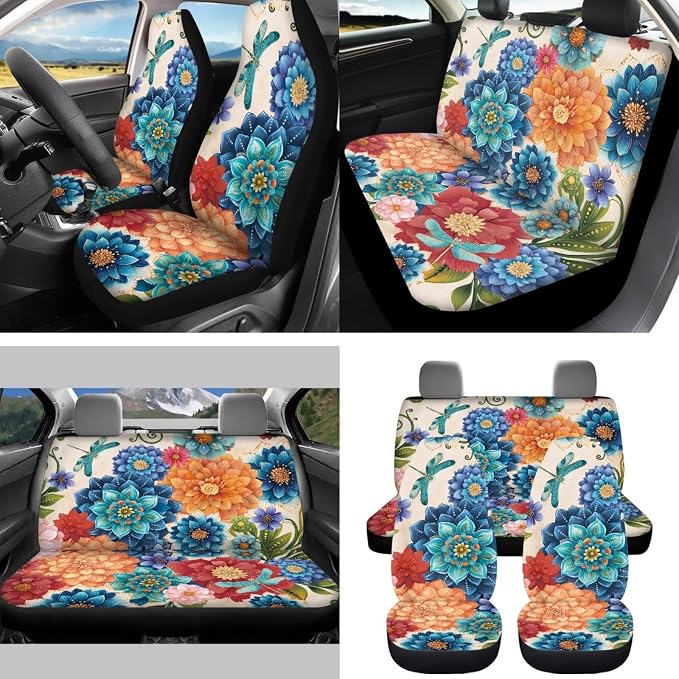Boho Floral Dragonfly Car Seat Covers Set of 15 with Universal Steering Wheel Cover, Rearview Mirror Cover, Car Trash Can, Seatbelt Pads, Cup Holder Coasters, Keychains