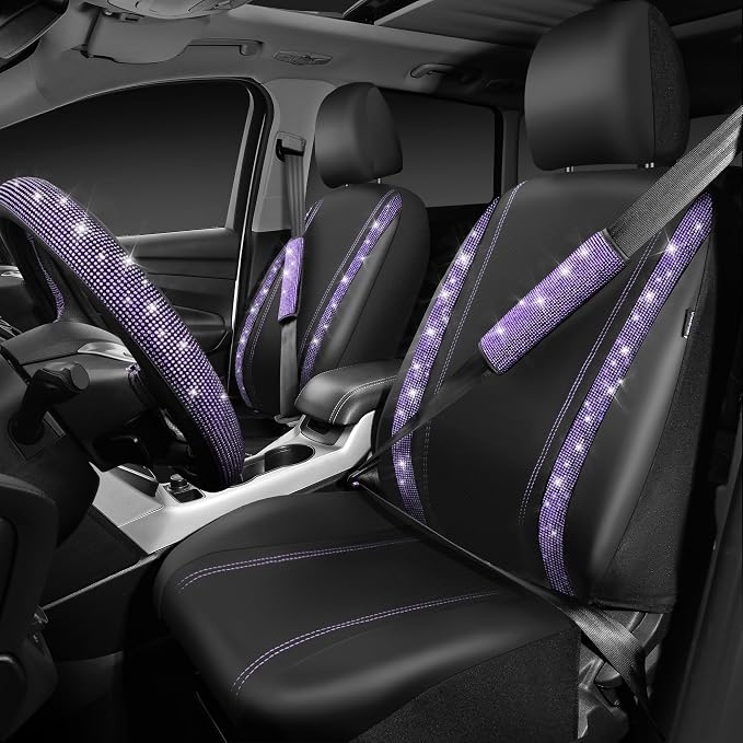 CAR PASS Diamond Bling Leather Seat Covers Set Car Floor Mats Glitter Rhinestone Steering Wheel and Car Interior Accessory Set for Women Purple Violet