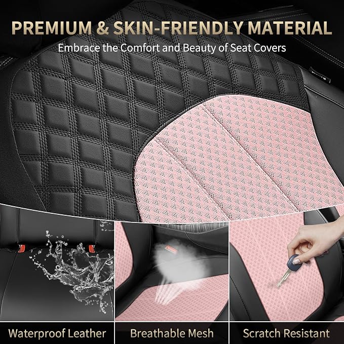 FLORICH Seat Covers Front Seats Pink Seat Cover 2 Pack Leather Mesh Automotive Car Seat Cover Breathable Durable Car Interior Cover Cushion Universal Fit for Most Car SUV Sedan Truck, Black&Pink