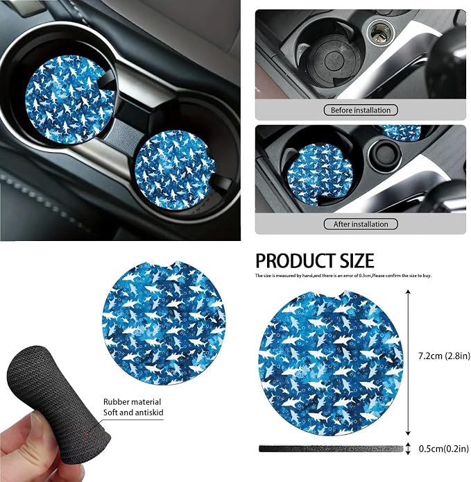 Shark Print Car Seat Cover Cute Full Set 15Pcs Car Accessories Universal Steering Wheel Cover Safety Belt Pads Rear View Mirror Protector Garbage Bag for Truck Sedan SUV Van