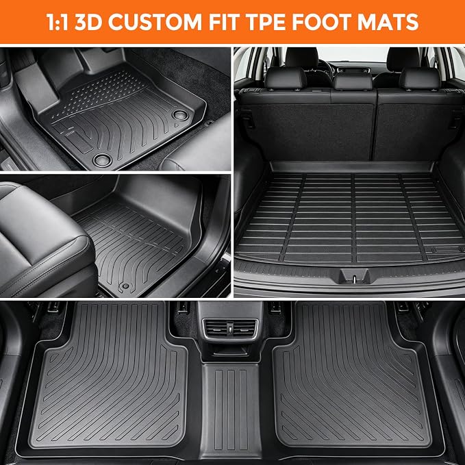 Floor Mats for Volkswagen VW Tiguan 5 Seats 2018-2024 (Not for 7-Seat), Custom Fit Heavy Duty TPE All Weather Protection, Waterproof Non-Slip Black Car Liners (Two-Row Floor Mats & Cargo Liner)