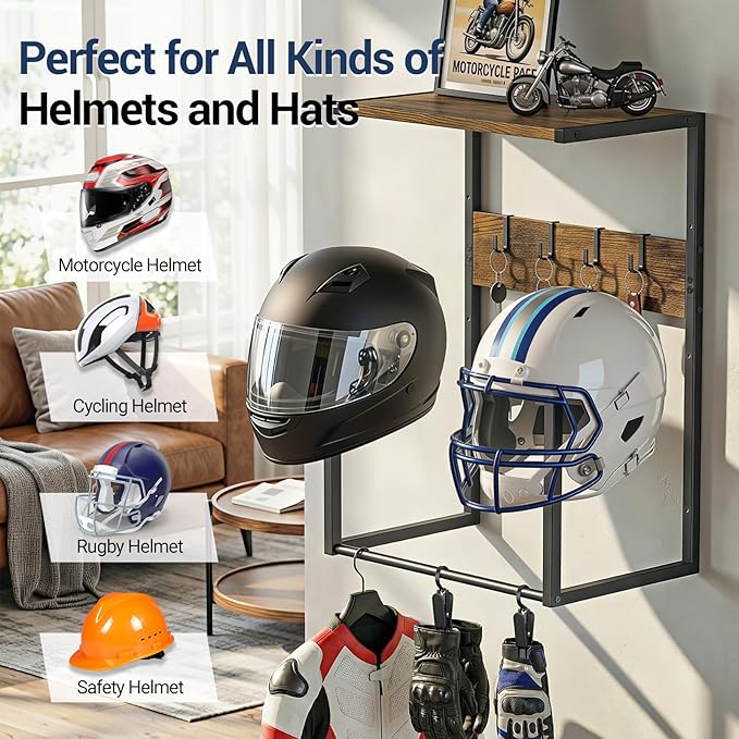 Housolution Motorcycle Helmet Wall Mount, Helmet Holder with 4 Glove Chips and 4 Hooks for Riding Suits & Accessories, Helmet Stand Display for Bike, Caps, Baseballs and Rugby Helmets for Garage