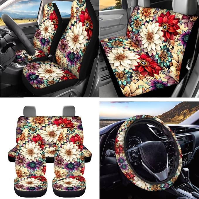 Dreaweet Dahlia Car Seat Covers Full Set for Women Flower Car Accessories 15 Pcs Set - Steering Wheel Cover Seatbelt Covers Car Coasters Trash Can Air Vent Storage Bag Rearview Mirror Cover Keychain