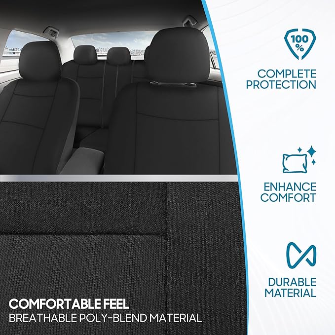 BDK PolyPro Car Seat Covers Full Set in Solid Black, Front and Rear Split Bench Seat Covers for Cars, Easy to Install Car Seats Cover Set and Accessories for Auto Trucks Van SUV - Solid Black