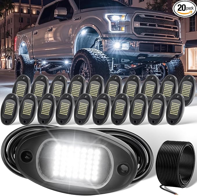 YONEDA 20 Pods White Rock Lights 6000K 42LED Bright LED Underglow Lights IP68 Waterproof for Trucks SUV UTV ATV RZR Car Boats Pickup Motorcycle with 39.37ft Extension Wire