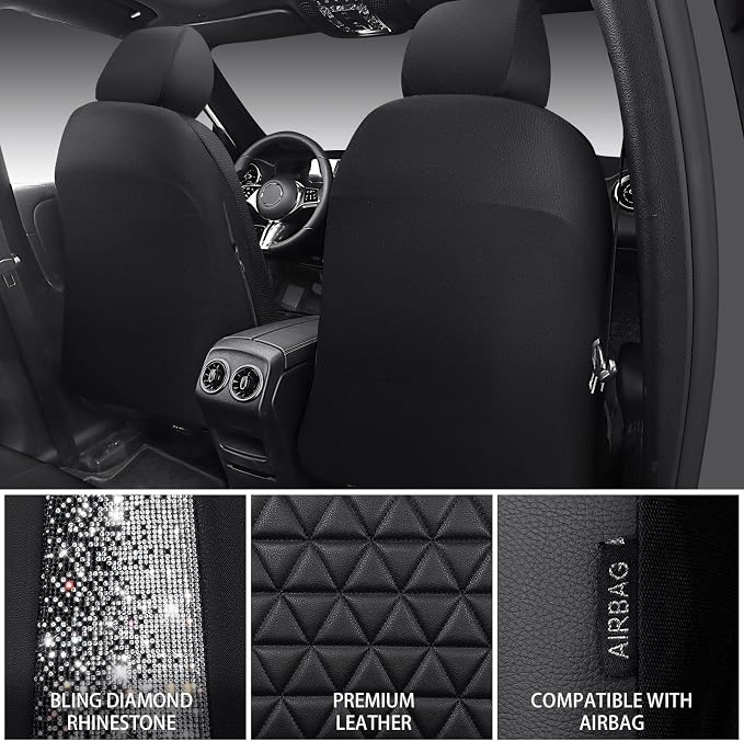 CAR PASS Bling Diamond Black Leather Car Seat Covers Full Sets Interior Sets, Waterproof Shining Glitter Sparkly Crystal Universal Armrest Fit Automotive Truck SUV Cute Women Girl, Black PU Rhinestone