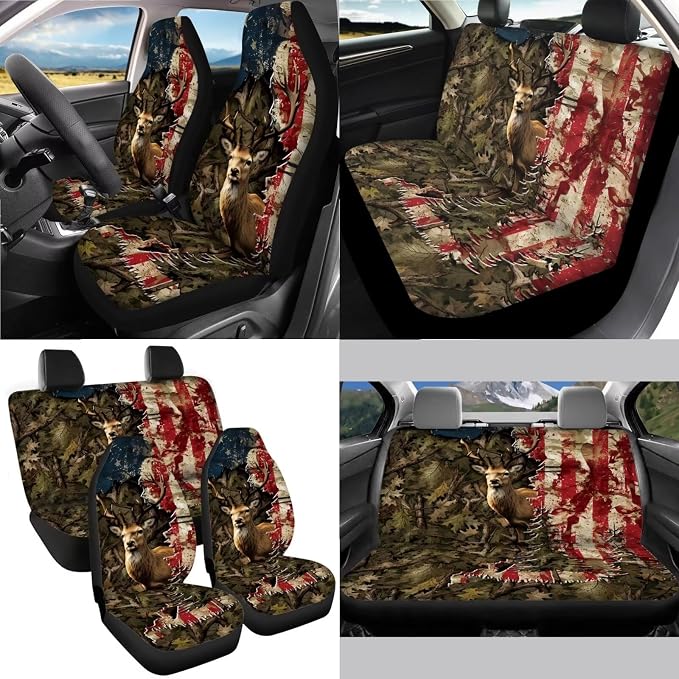 Deer Camo American Flag Pattern Car Seat Covers Full Set, 13 Pieces Car Accessories with 1 Steering Wheel Cover, 4 Seat Belt Covers and 4 Waterproof Coasters Universal Fit for SUV