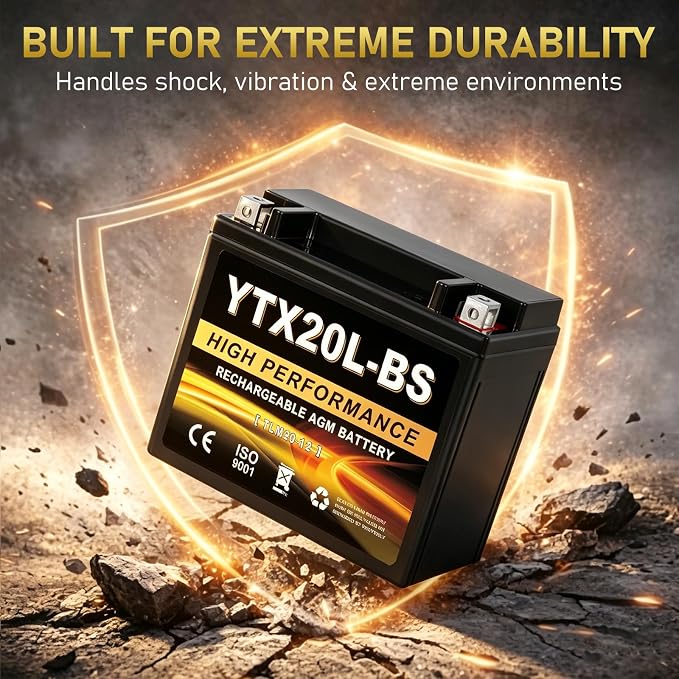 YTX20L-BS 12V 20Ah AGM Sealed Motorcycle Battery, Maintenance-Free, Compatible with ATV UTV Snowmobile Honda Gold Wing GL1800, TRX680, VTX1800