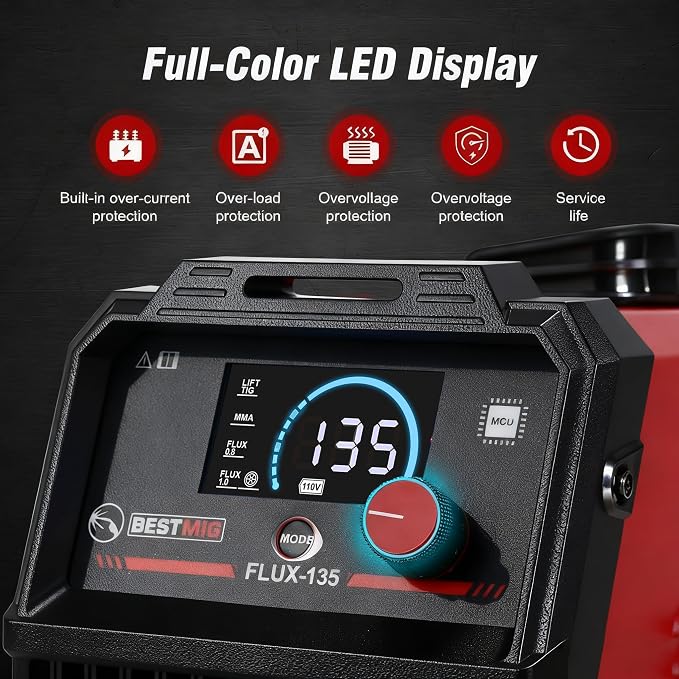 BESTMIG 135A MIG Welder - 3-in-1 Flux Core Welder, MIG/Lift TIG/Stick Welding Machine - Portable IGBT Inverter - 110V with Welder Helmet and Gloves (Red Black, MIG 135A Welder)