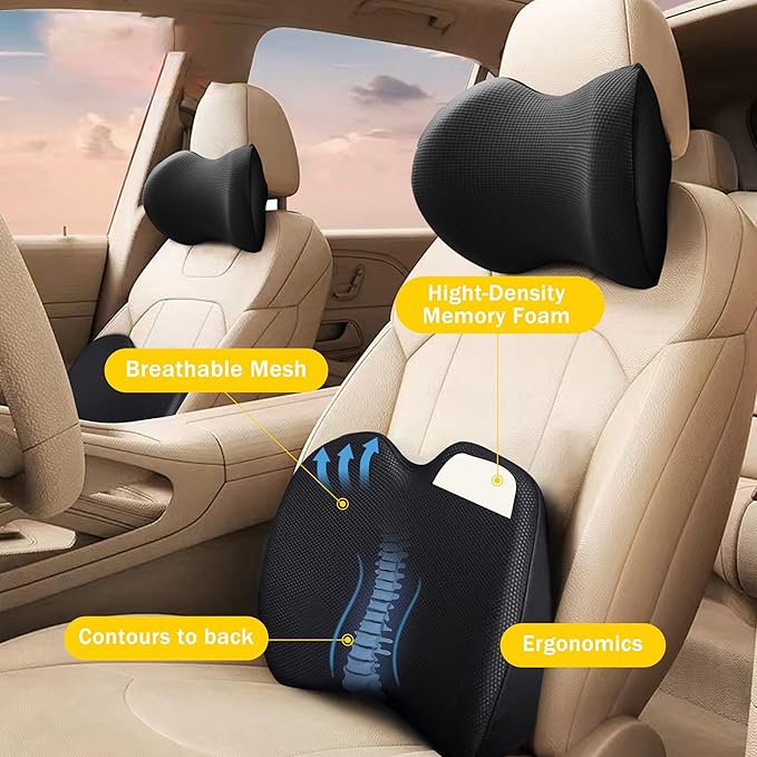Super Soft Lumbar Support Pillow for Car, 100% Memory Foam Lumbar Pillow with Breathable Removable Cover, Ergonomic Design - Back Pillow Lumbar Support Pillow for Office Chair/Back Pain Relief(Black)