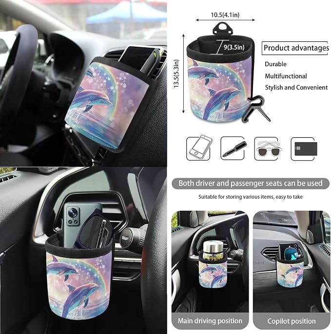 Dolphin Rainbow Print 15 Pack Car Accessories Set Car Seat Covers Steering Wheel Cover Seat Belt Strap Pad Rearview Mirror Cover Garbage Cans Air Vent Storage Bag Cup Holder Key Chain