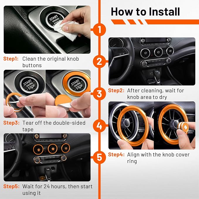 Interior Decoration Accessories for Nissan Sentra (2020-2025) - 12-Pieces Aluminum Alloy Ring Knob Cover Trim, Fits Push Start, A/C, Air Vent, & Volume Tune, 12PCS Set, Orange