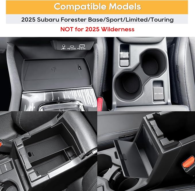LFOTPP Forester Center Console Organizer for 2025 Forester Accessories, Armrest Storage Box+Silicone Cup Holder+Hidden Box+Wireless Charging Protective Pad Non-Slip Mat 4Pcs,NOT for 2025 Wilderness