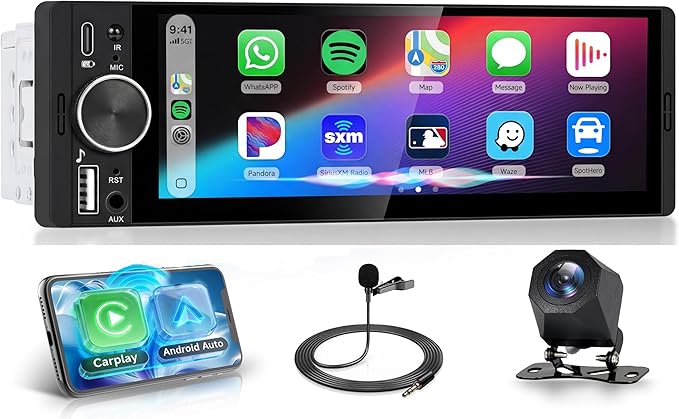 Car Stereo Single Din Wireless Carplay 1 Din Touch Screen Android Auto, Rimoody 6.28 inch Car Radio with Bluetooth 5.2 Mirror Link FM/EQ USB/AUX/TF/SWC Car Audio Receiver with Backup Camera