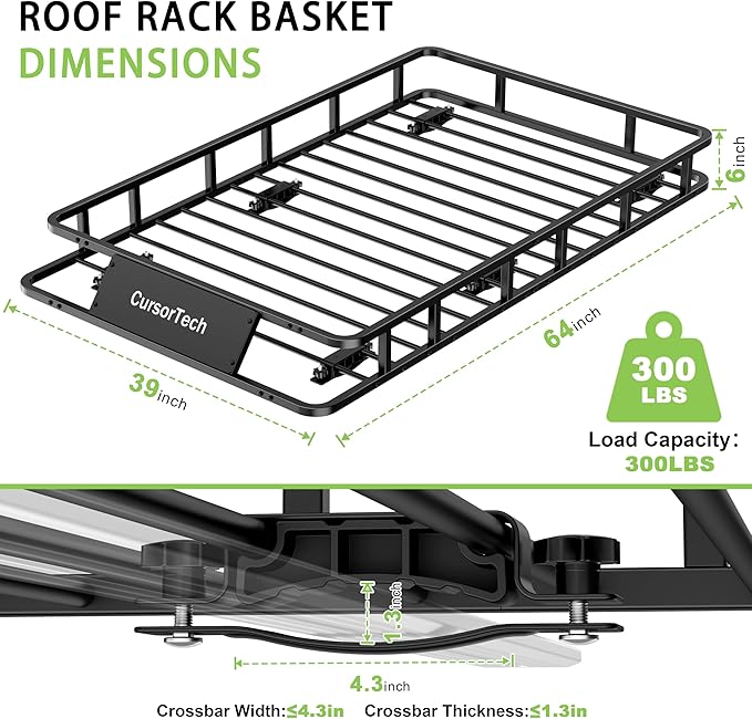 Roof Rack Basket 64" x 39" Heavy Duty Rooftop Cargo Basket 300 lbs Capacity Steel Roof Rack Cargo Baskets Luggage Holder Rack for SUV Truck Car Travel Camping Storage