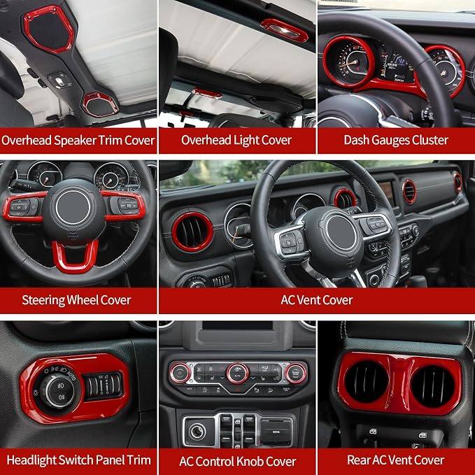 RT-TCZ for Wrangler JL Interior Accessories Red Trim Cover Kit for Jeep Wrangler JL JLU 2018-2023 AC Vent Trim Rings 20pcs Red