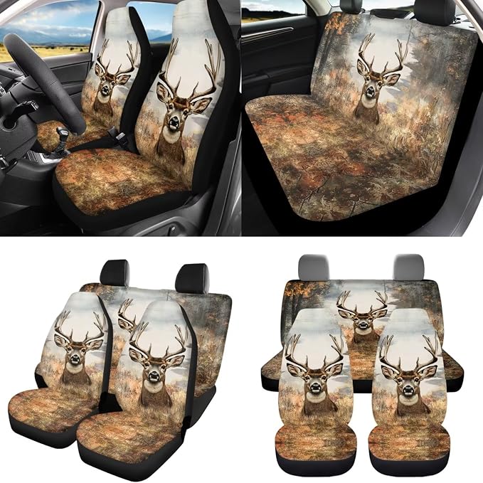 8 Pcs Camo Hunting Deer Car Seat Covers Full Set Car Accessories for Women Front Seat Cover Steering Wheel Armrest Cover Seat Belt Cover for Auto SUV Interior Decoration