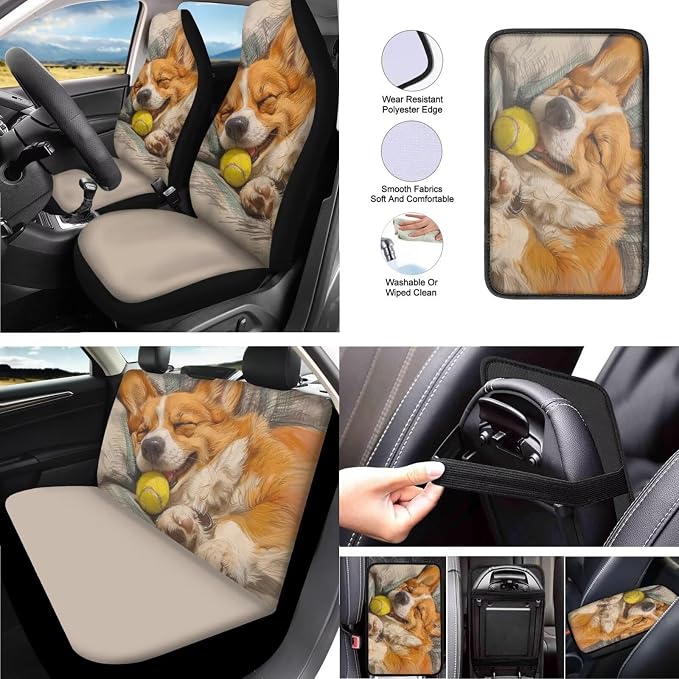 Corgi Dog Pattern 13 Pack Car Accessories for Womens Sleepy Pet Puppy Print Seatbelt Pad Armrest Cushion Keychain Cup Holder Coaster Pads Decor Accessory