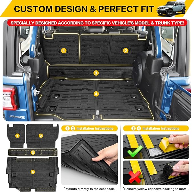 Cargo Mats & Trunk Net for 2021-2024 Jeep Wrangler JL 4XE Trunk Mat Backrest Liner with Cargo Net All Weather Anti-Slip Rear Back Seat Mats Cargo Net for Wrangler JL 4XE 4 Door Accessories