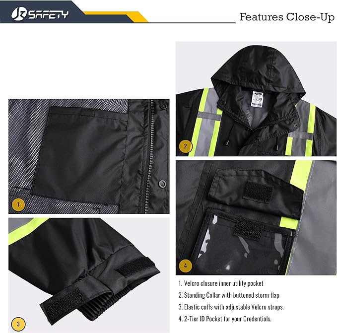 JKSafety Hi-Vis Reflective Safety Rain Jacket and Pants for Men Women Waterproof Rain Gears for Farming Fishing Work HV Rain Suit with Inner Mesh Lining and Pockets (117-Black M)