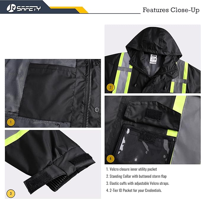 JKSafety Hi-Vis Reflective Safety Rain Jacket and Pants for Men Women Waterproof Rain Gears for Farming Fishing Work HV Rain Suit with Inner Mesh Lining and Pockets (117-Black L)