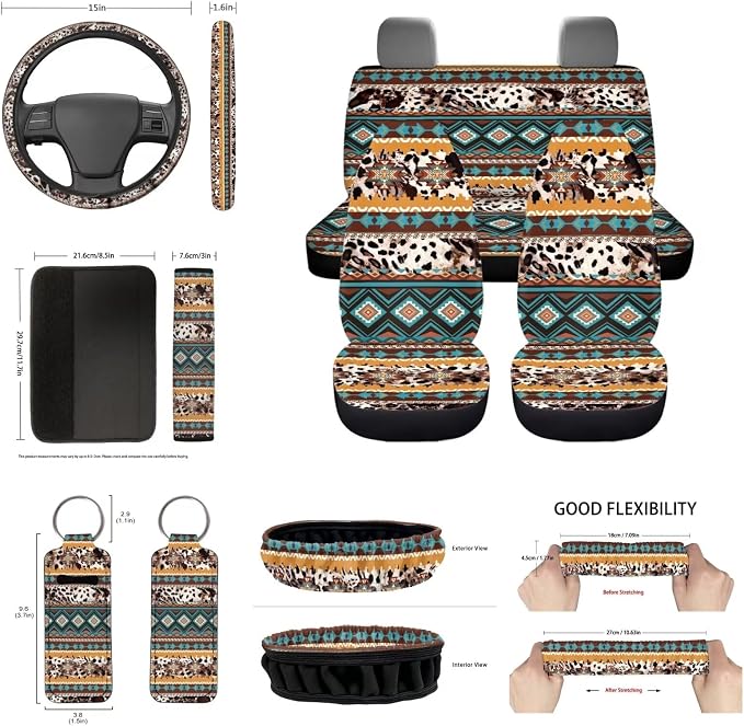 Sunflower Highland Cow Car Seat Covers Sets 14pcs,Sunflower Western Cow Auto Seat Protector Pad+Seatbelt+Steering Wheel+Car Coasters+ Interior Mirror Accessory+Cow Keychain for Women Men